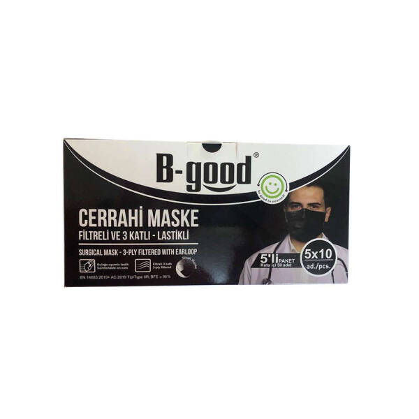 B-Good Lastikli Filtreli ve 3 Katlı Cerrahi Maske Siyah 50 Adet - 1