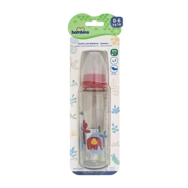 Bambino Cam Biberon 225ml 0+ Ay - Kırmızı - Çiçek - 1