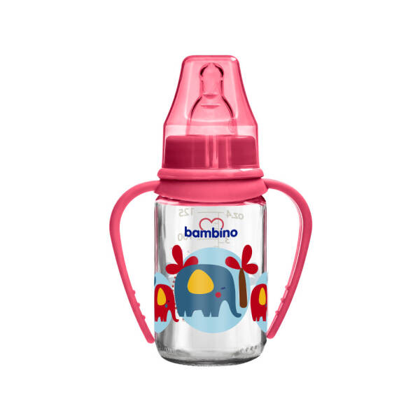 Bambino Kiraz Uçlu Cam Biberon 125ml - Kırmızı - Fil - 1