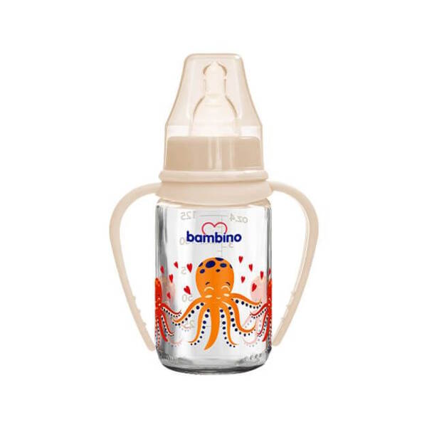 Bambino Kiraz Uçlu Cam Biberon 125ml - Krem - Ahtapot - 1