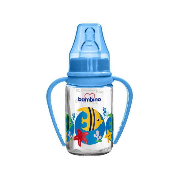 Bambino Kiraz Uçlu Cam Biberon 125ml - Mavi - Balık - 1