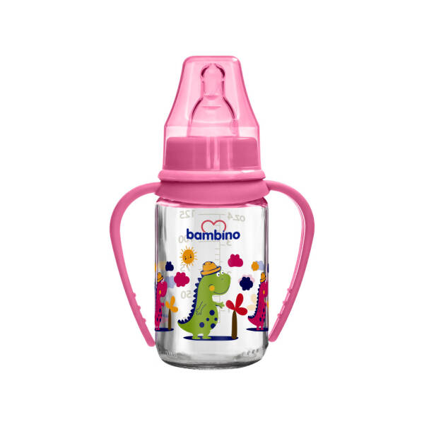 Bambino Kiraz Uçlu Cam Biberon 125ml - Pembe - Dinozor - 1