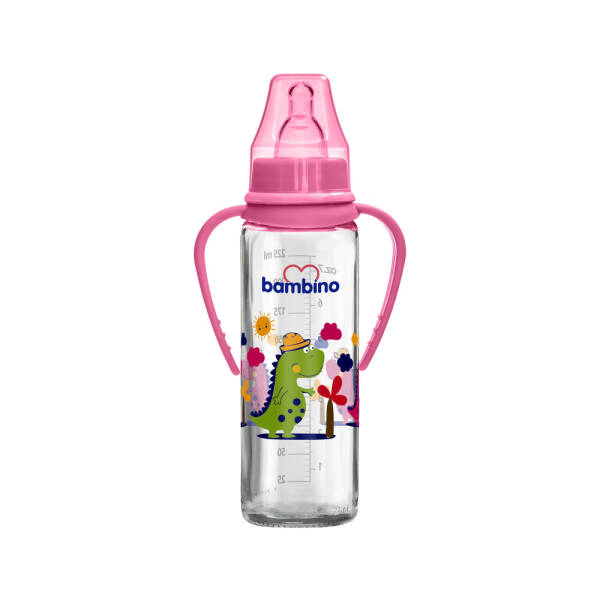 Bambino Kiraz Uçlu Kulplu Cam Biberon 225ml 0+ Ay Pembe - 1