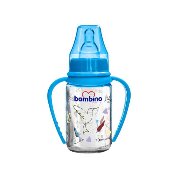 Bambino Kulplu Cam Biberon Silikon Kiraz Uçlu 125ml 0+ Ay - Mavi - Kuş - 1