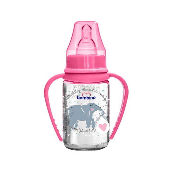 Bambino Kulplu Cam Biberon Silikon Kiraz Uçlu 125ml 0+ Ay - Pembe - Fil - 1