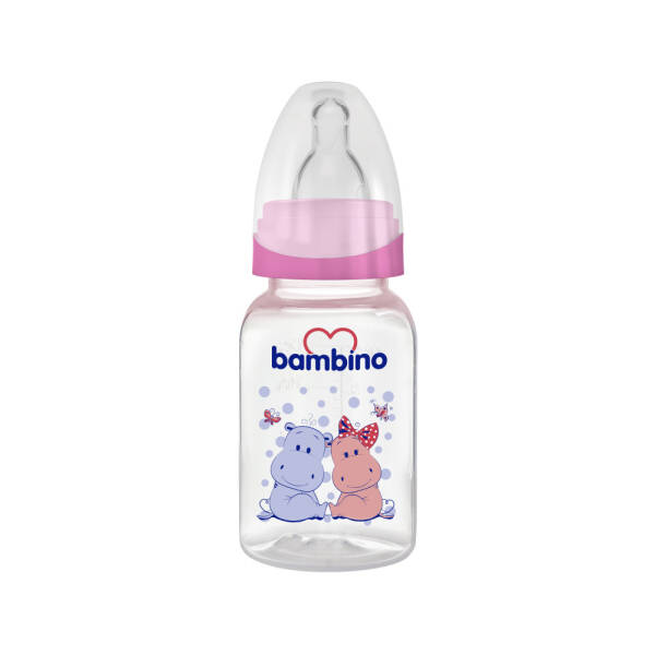 Bambino Oval Kavramalı PP Biberon 150ml 0+ Ay - Pembe - Hipopotam - 1