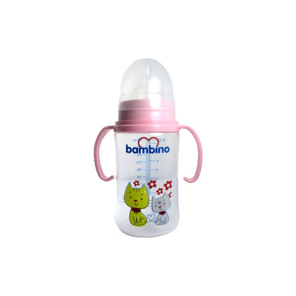 Bambino PP Kulplu Biberon 250ml 0+Ay - Pembe - Kedi Desenli - 1